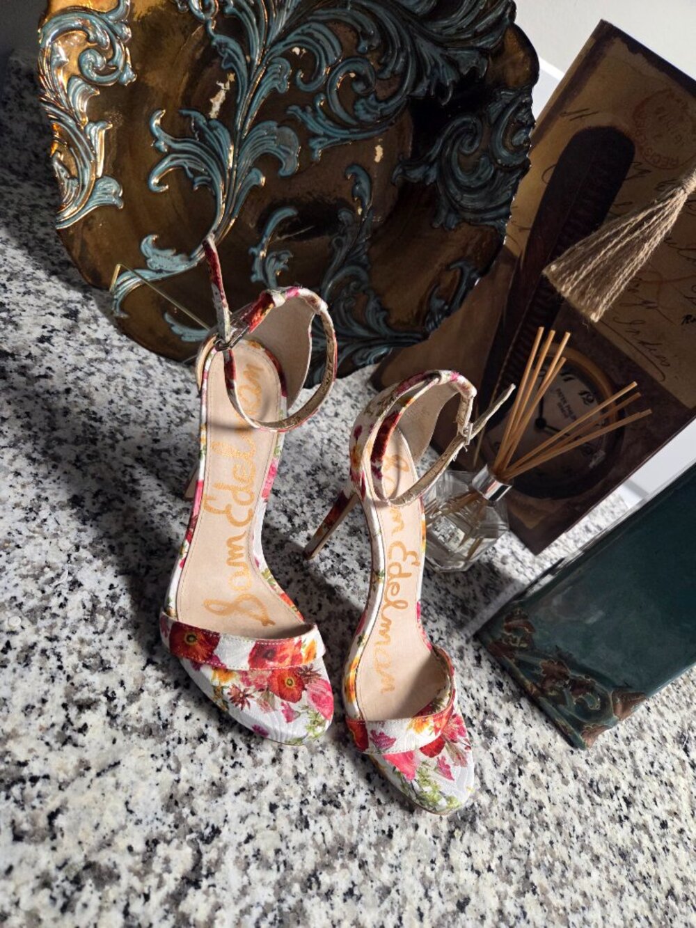 Sam Edelman Floral Ankle‑Strap Heels – Women’s Size 9